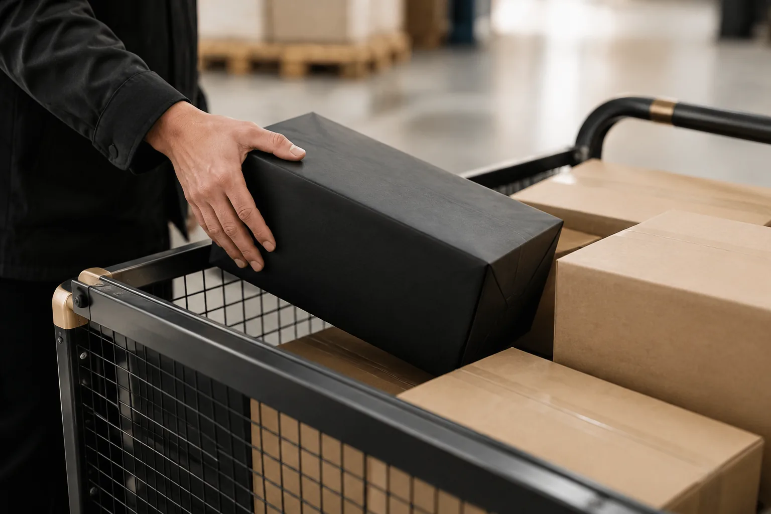 A matte black parcel placed into a dispatch cart