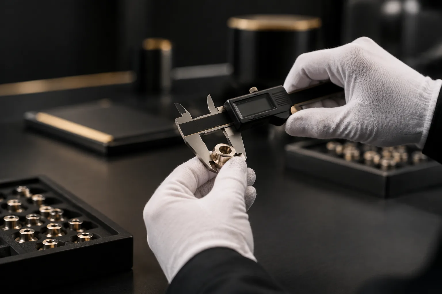 Gloved hands inspecting a product with a digital caliper