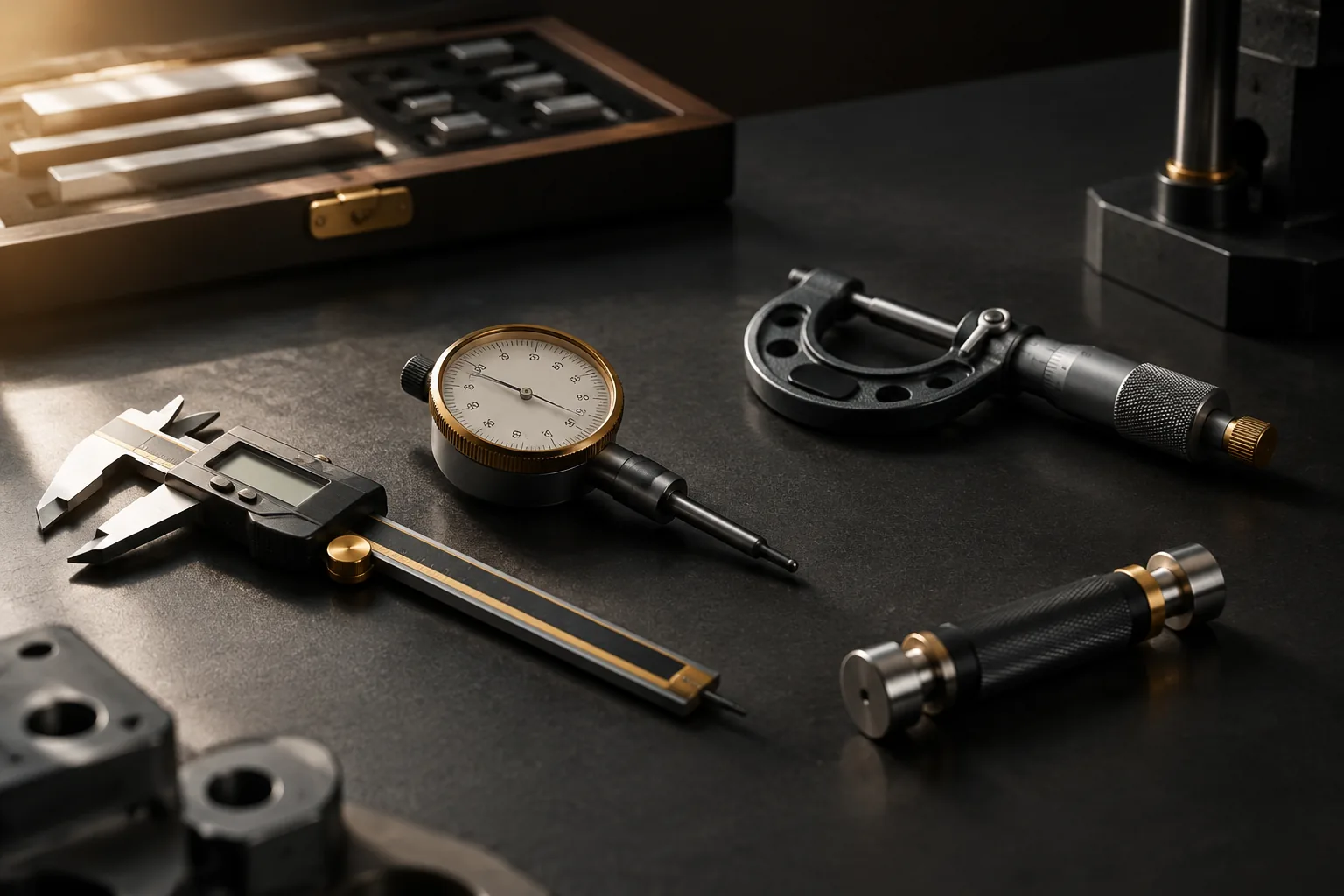 Precision measuring instruments on an inspection bench