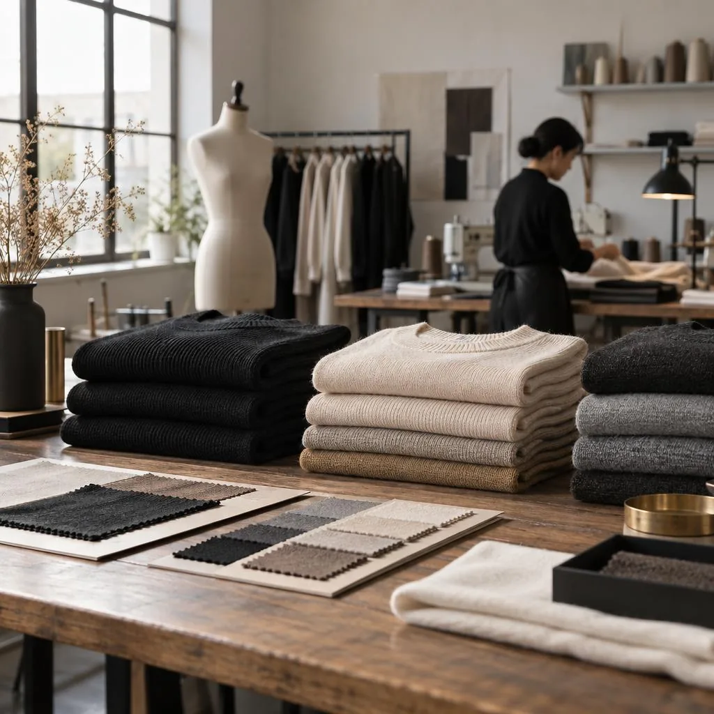 Folded knitwear in a garment workshop