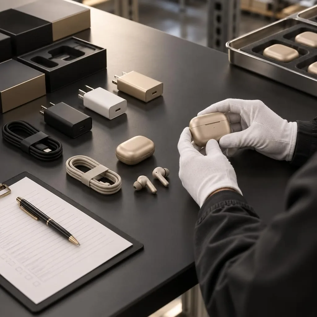 Consumer electronics accessories on an inspection table