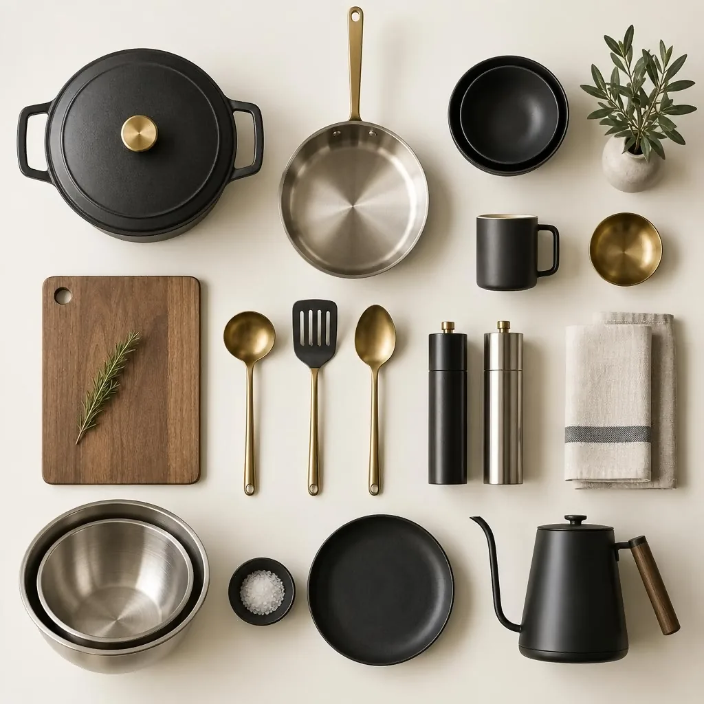 Kitchen housewares arranged in a grid