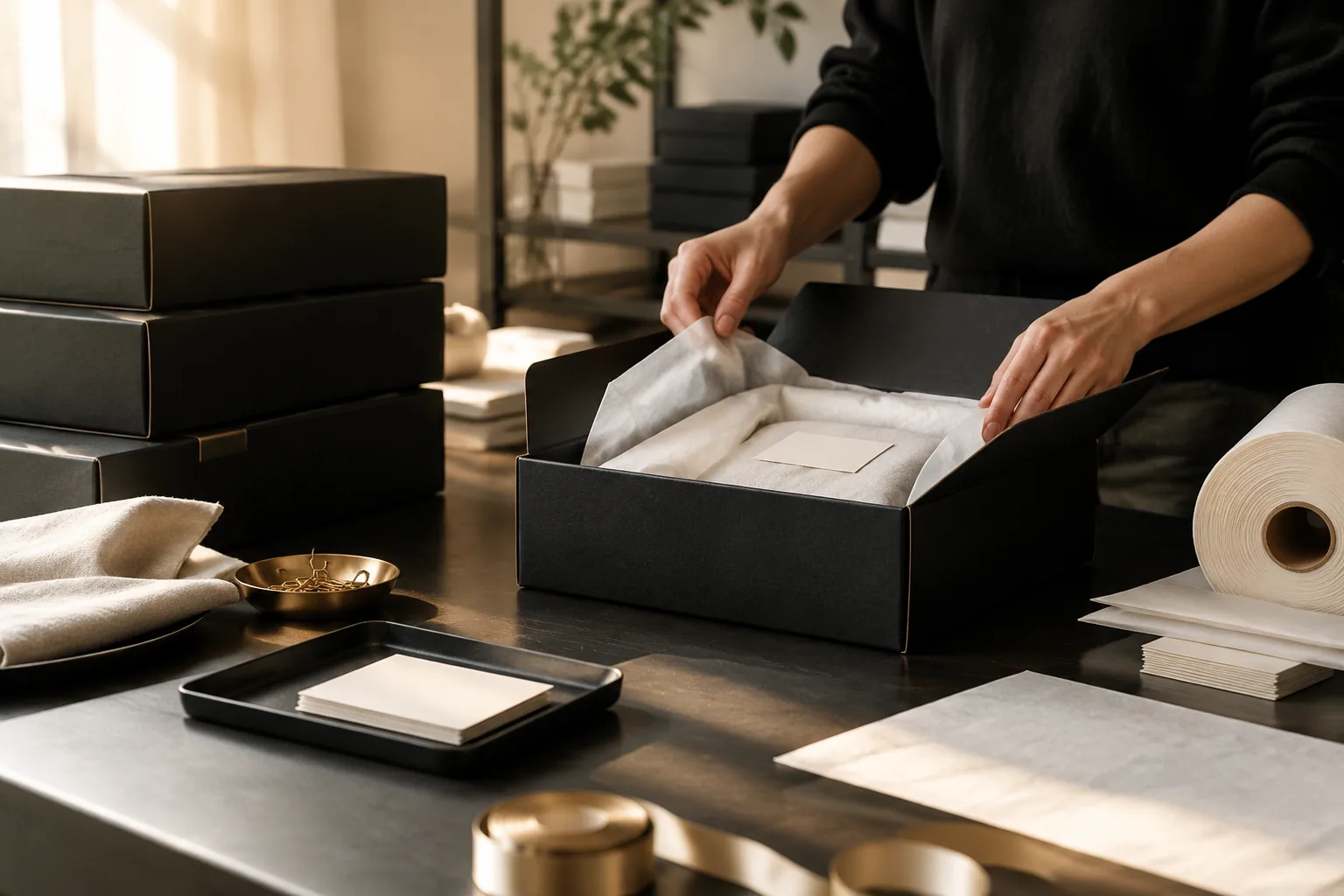 Founder packing branded boxes at a studio workbench