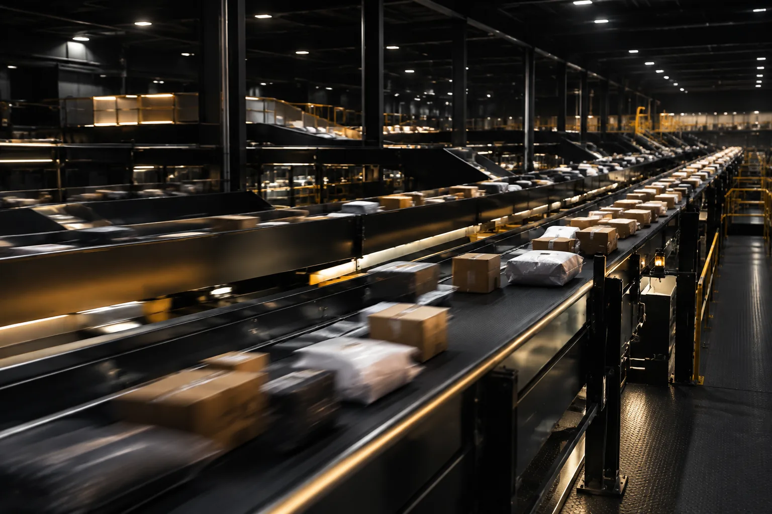Parcels sorted on conveyors in a sorting hub at night