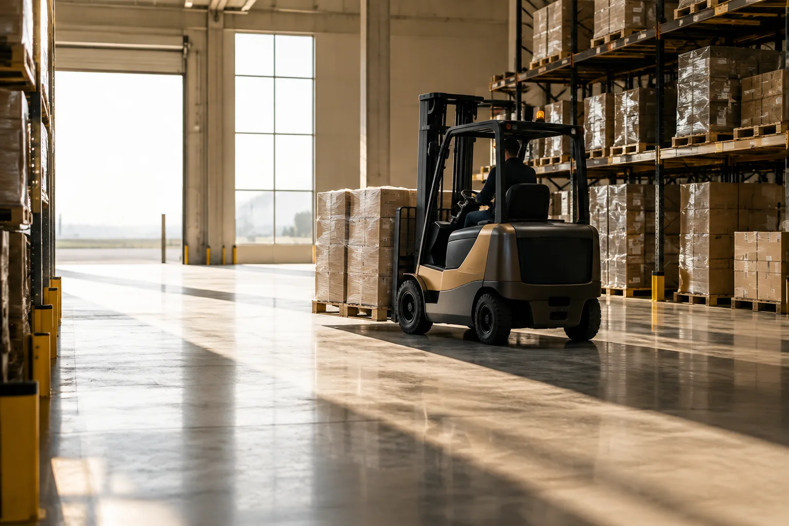 Forklift moving a pallet across a bright warehouse